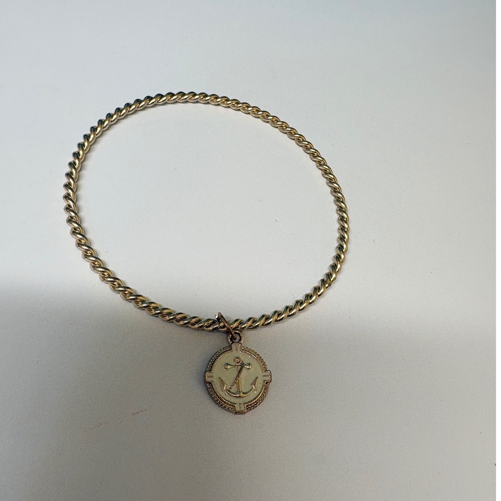 Gold Tone Nautical Anchor Coin Charm Twisted Rope Bangle Bracelet 8 Inch